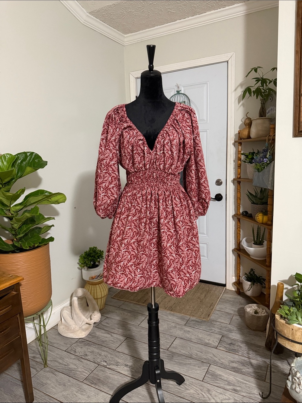 Madewell Red Paisley Long-Sleeve Smocked Mini Dress